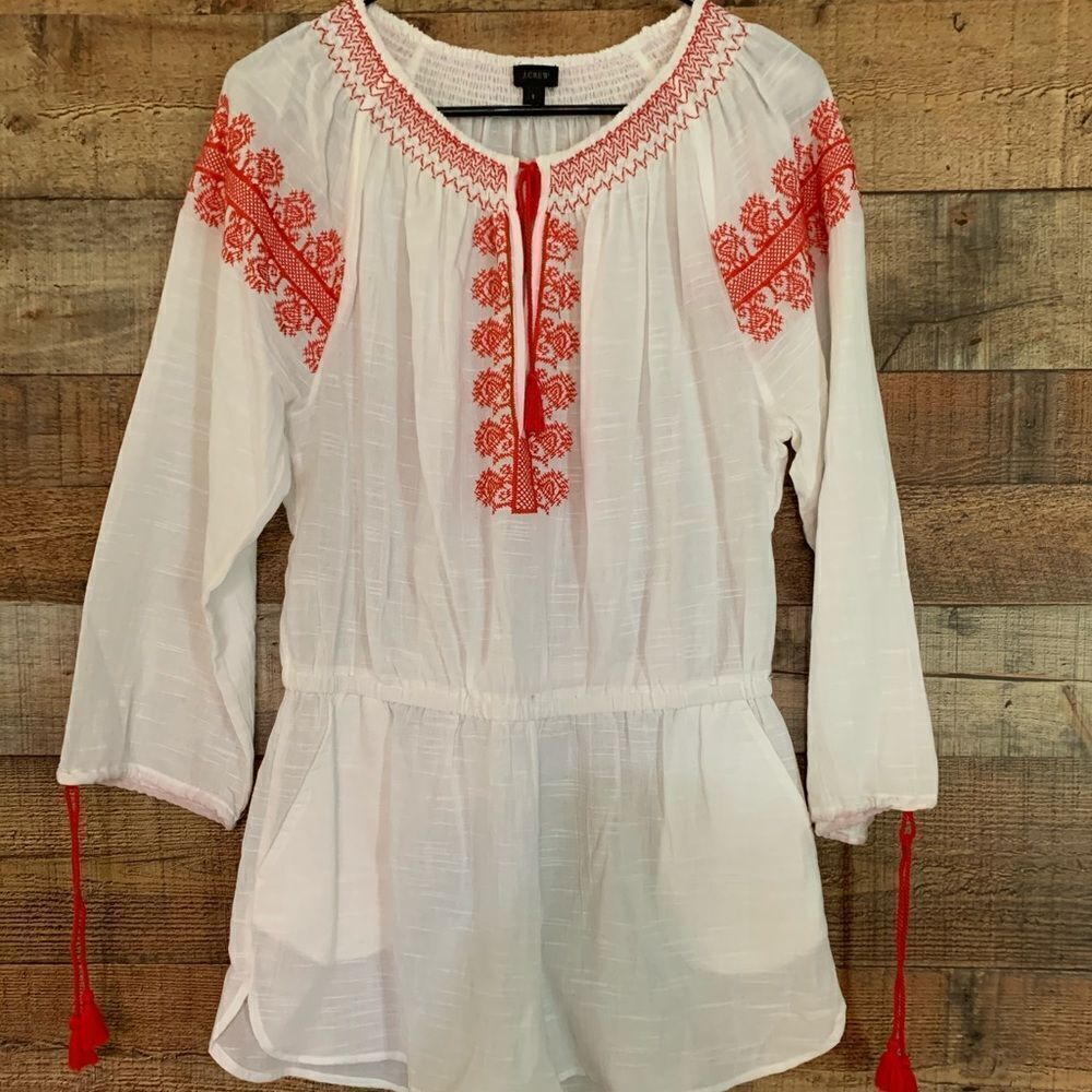 J. Crew white shorts romper orange‎ embroidery long sleeve size small